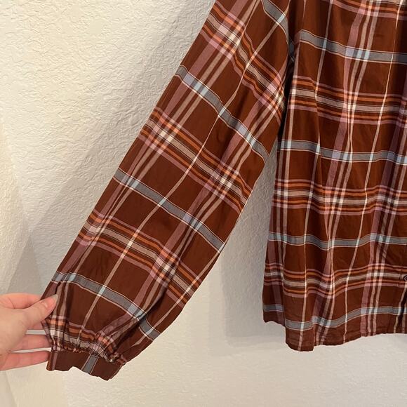 a.n.a. Peasant Blouse Size 0X Brown Plaid Button Front Fall Casual Cotton Boho - Picture 3 of 9
